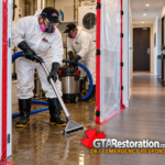 Two technicians extracting wastewater from a condo utility room behind a protective barrier