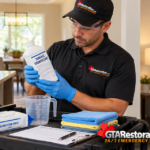 GTA Restoration technician checking a disinfectant bottle label beside cleaning supplies