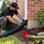 Workers rake soil and check ground levels beside a house foundation.