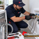 Plumber replacing a braided water supply hose behind a washing machine