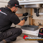 Technician repairing a water supply connection beneath a kitchen sink