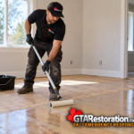 Technician applies a coating to a cleaned wooden subfloor with a roller.