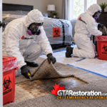 Protected technicians remove affected bedroom carpeting beside wrapped bedding and biohazard waste containers.
