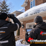 Technicians inspecting a snow-covered roof from the ground