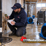 Technician recording basement moisture readings beside drying equipment