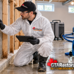 Technician checking basement wall moisture beside drying equipment