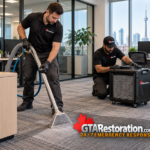 Technicians clean office carpeting and prepare an air filtration unit overlooking Toronto.