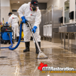 Technicians removing contaminated water from a commercial washroom floor