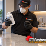 Technician checking a timer and product label beside a wet treated countertop