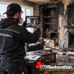 GTA Restoration technicians assess soot and fire damage in a living room.
