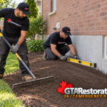 Installer smooths fresh concrete along a basement perimeter beside drainage membrane.