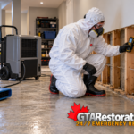 Technician checking exposed framing beside a dehumidifier and air mover