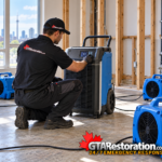 Technician adjusting a dehumidifier beside cleaned wall framing and air movers