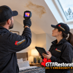 Technician checking interior moisture near a suspected roof leak