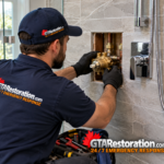 Plumber repairing a shower valve through an opening in a tiled wall