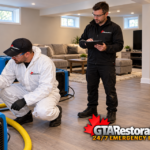 Technicians checking a finished basement wall and recording readings