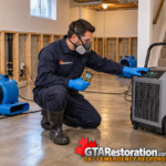 Technician checking a dehumidifier beside air movers in a cleaned basement