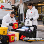 GTA Restoration technicians prepare absorbent pads, protective equipment, and sharps containers beside a service van.