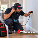 Plumber using headphones and an acoustic sensor to locate a hidden wall leak
