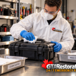 Technician disinfecting an equipment case beside separate clean and used cloth trays