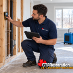Technician checking cleaned wall framing with a moisture meter and tablet