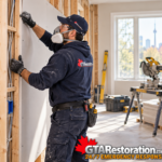 GTA Restoration worker installs drywall in a room undergoing repairs after fire cleanup.