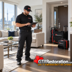 Technician records inspection notes in a clean condominium with equipment packed nearby.