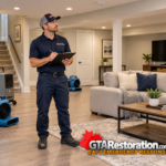 GTA Restoration technician inspecting a clean finished basement with a clipboard