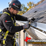Roofer repairing metal drip flashing along a roof edge