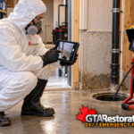 Technician photographing an affected basement area beside sewer inspection equipment