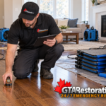 Technician checking hardwood moisture beside stacked drying mats