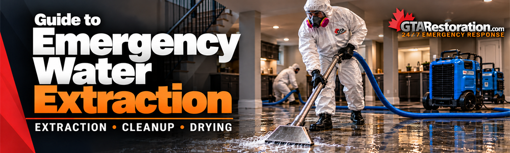 GTA Restoration technician using an extraction wand to remove water from a flooded room