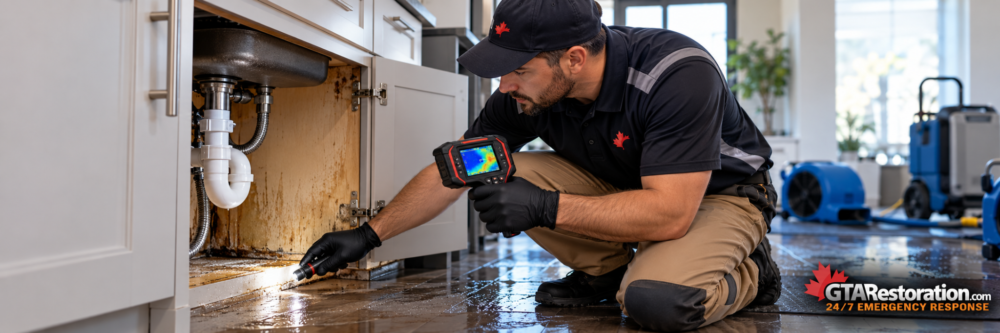 GTA Restoration technician inspecting a hidden plumbing leak under a kitchen sink in Toronto