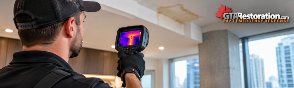 Hidden Water Leak Detection Technician using thermal imaging to inspect a water-damaged ceiling