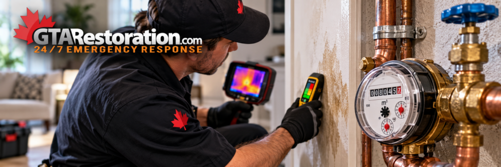 GTA Restoration technician using a moisture meter and thermal camera beside a residential water meter