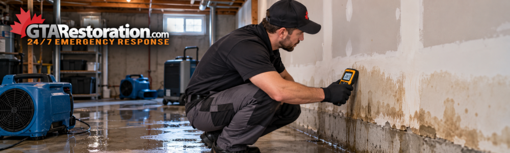 GTA Restoration technician checking moisture in basement walls after water damage