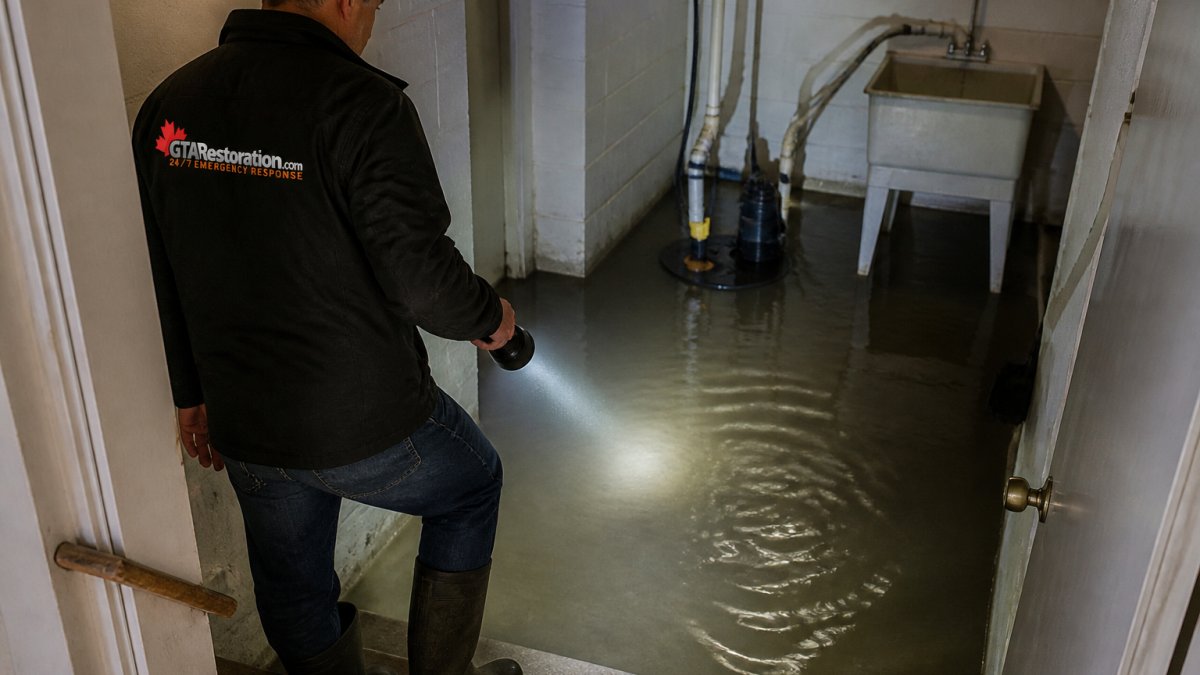 Homeowner viewing basement water damage from the stairs