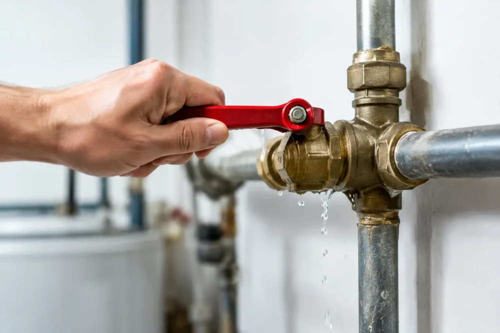 Hand turning a red water shutoff valve on a leaking pipe