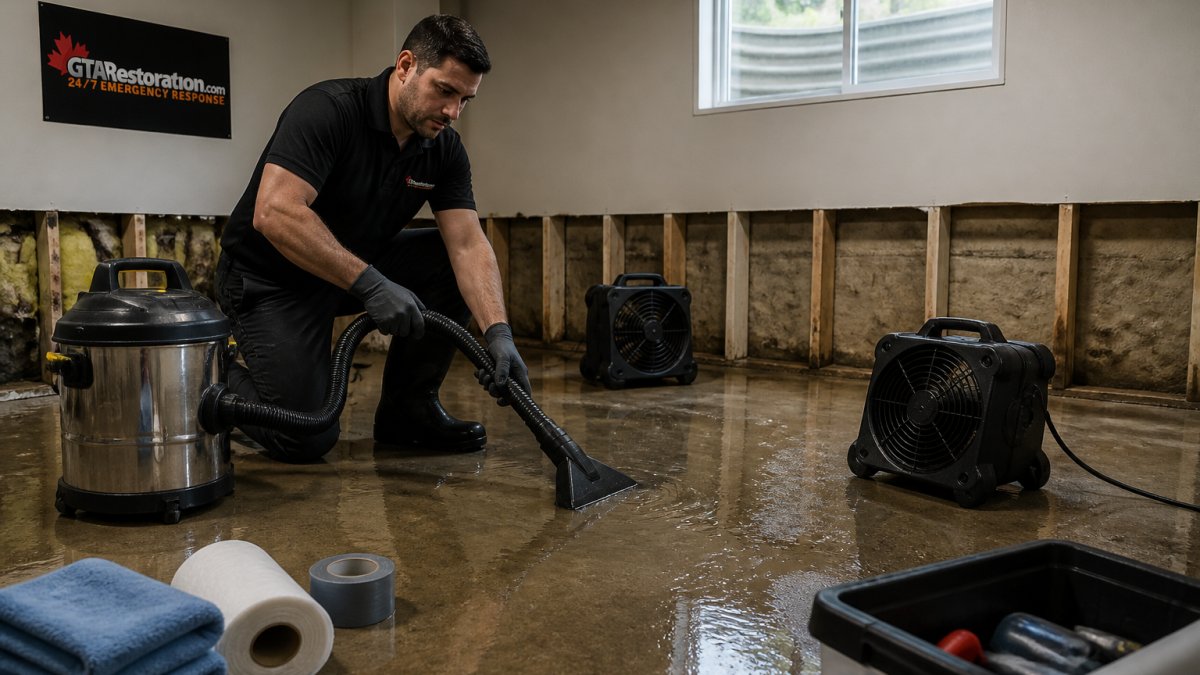 A homeowner using a wet/dry vacuum and setting up box fans in a flooded basement room, with visible water on the floor and damp drywall, natural daylight from a small window