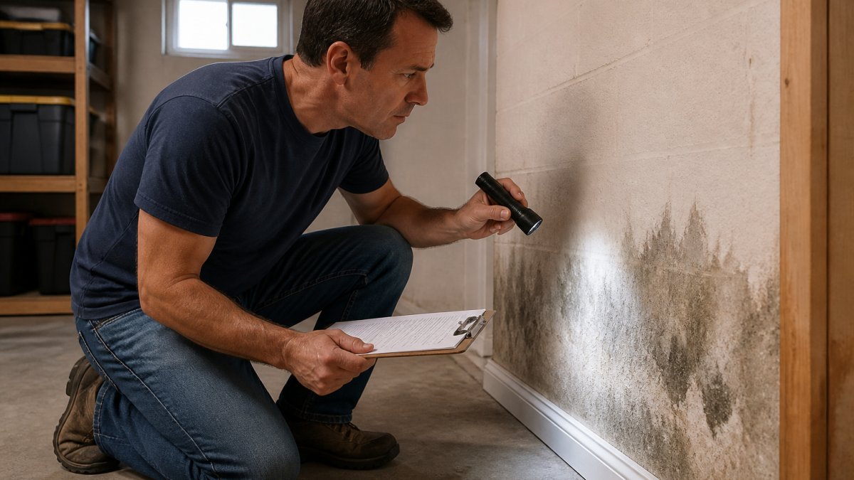 A homeowner in casual clothes holding a clipboard and inspecting a basement wall with a flashlight, looking at a previously water-damaged area near the baseboard
