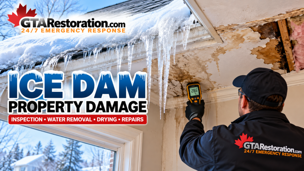 Ice dam property damage inspection with moisture testing, water damage drying and restoration equipment