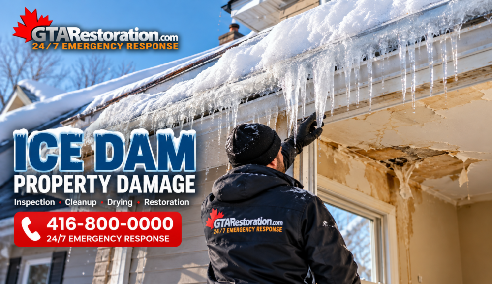 Ice dam water damage restoration with heavy icicles, ceiling damage and professional cleanup