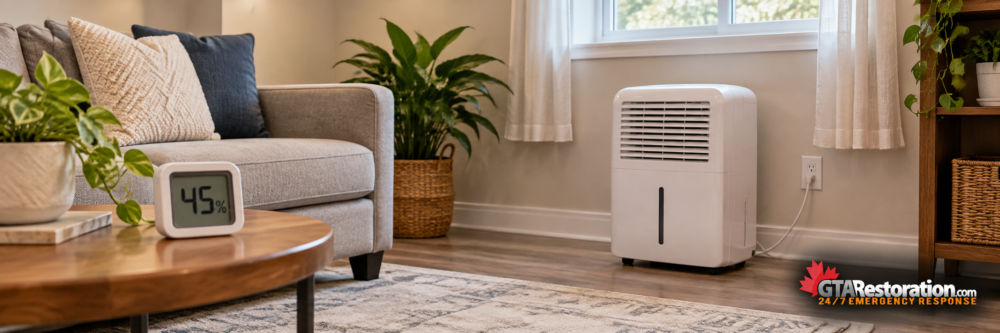 Dehumidifier in a living room with a hygrometer showing 45% humidity