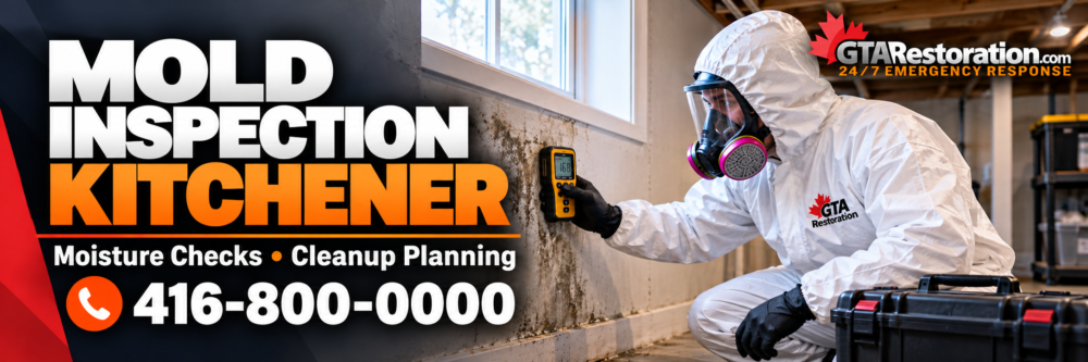 Mold inspection in Kitchener banner showing a technician checking a damp wall with a moisture meter.