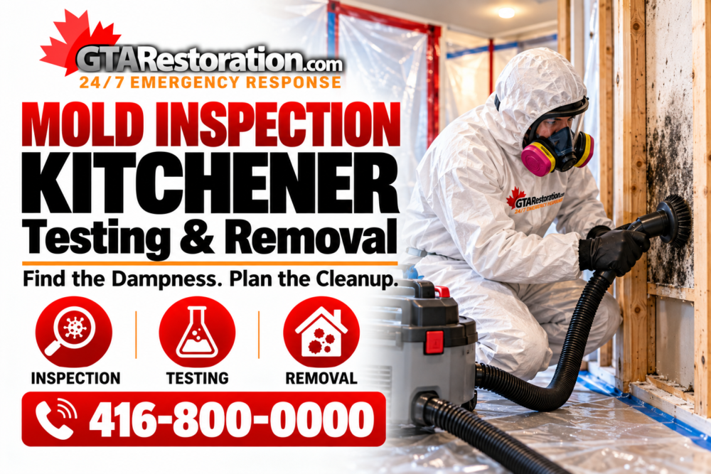 Technician in protective gear using a vacuum brush on a mold-stained wall inside a contained work area.