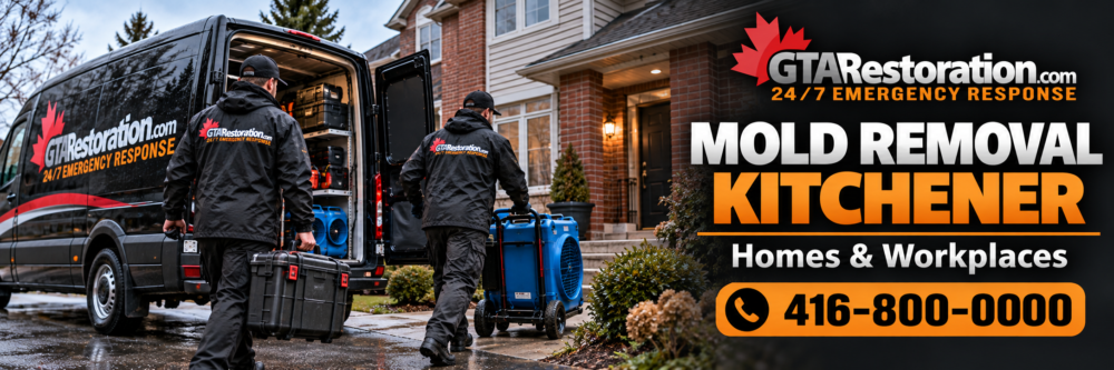 GTA Restoration crew moving cleanup equipment from a branded van toward a brick home.