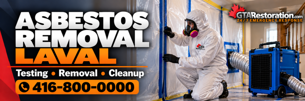 Laval Asbestos Removal Banner Asbestos removal in Laval banner showing a technician checking a containment barrier beside air filtration equipment.