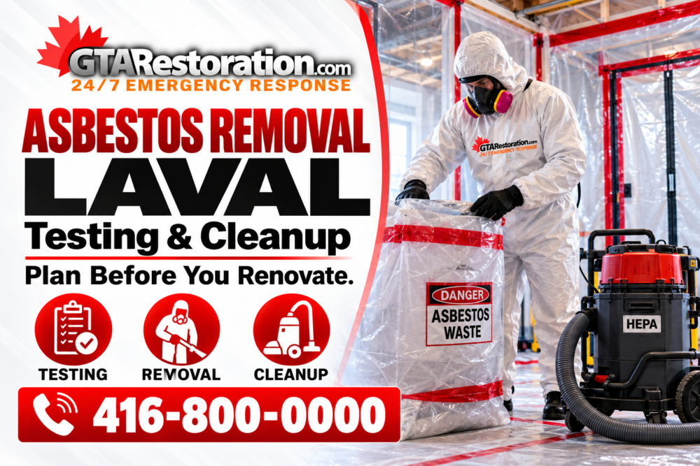Laval Asbestos Removal Testing Cleanup Promo Technician in protective gear beside wrapped asbestos waste and a HEPA vacuum inside a contained work area.