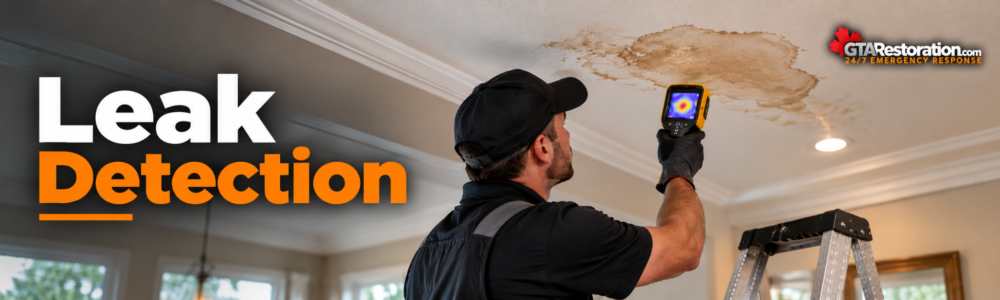Leak Detection technician inspecting a water-damaged ceiling