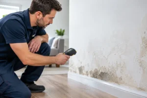 Illustration of hidden leak detection with a handheld scanner near a water-damaged wall